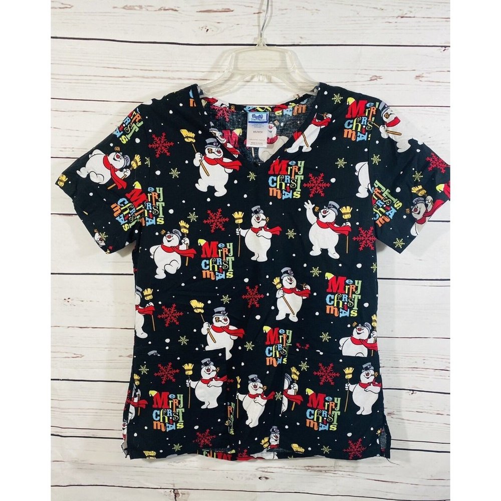Frosty the Snowman Scrub Shirt Womens Sz XS Top Medical Hospital Black Cotton